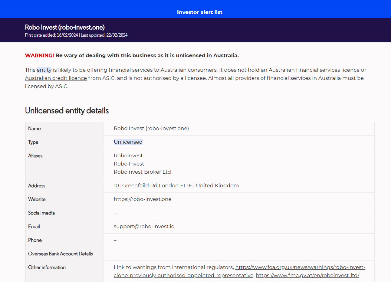 ASIC Warning - Report Scams Community ASIC Warning