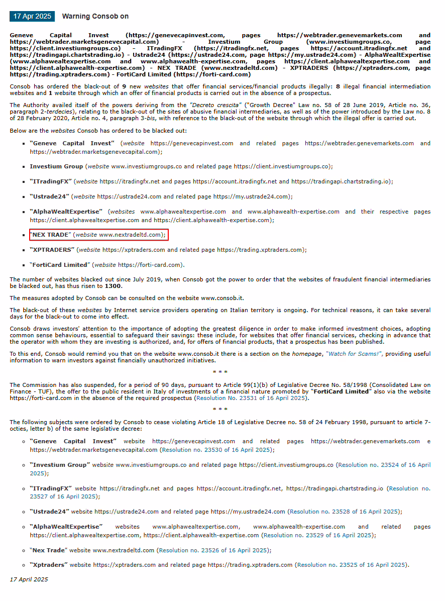 NEX TRADE-CONSOB-Warning - Report Scams Community NEX TRADE-CONSOB-Warning