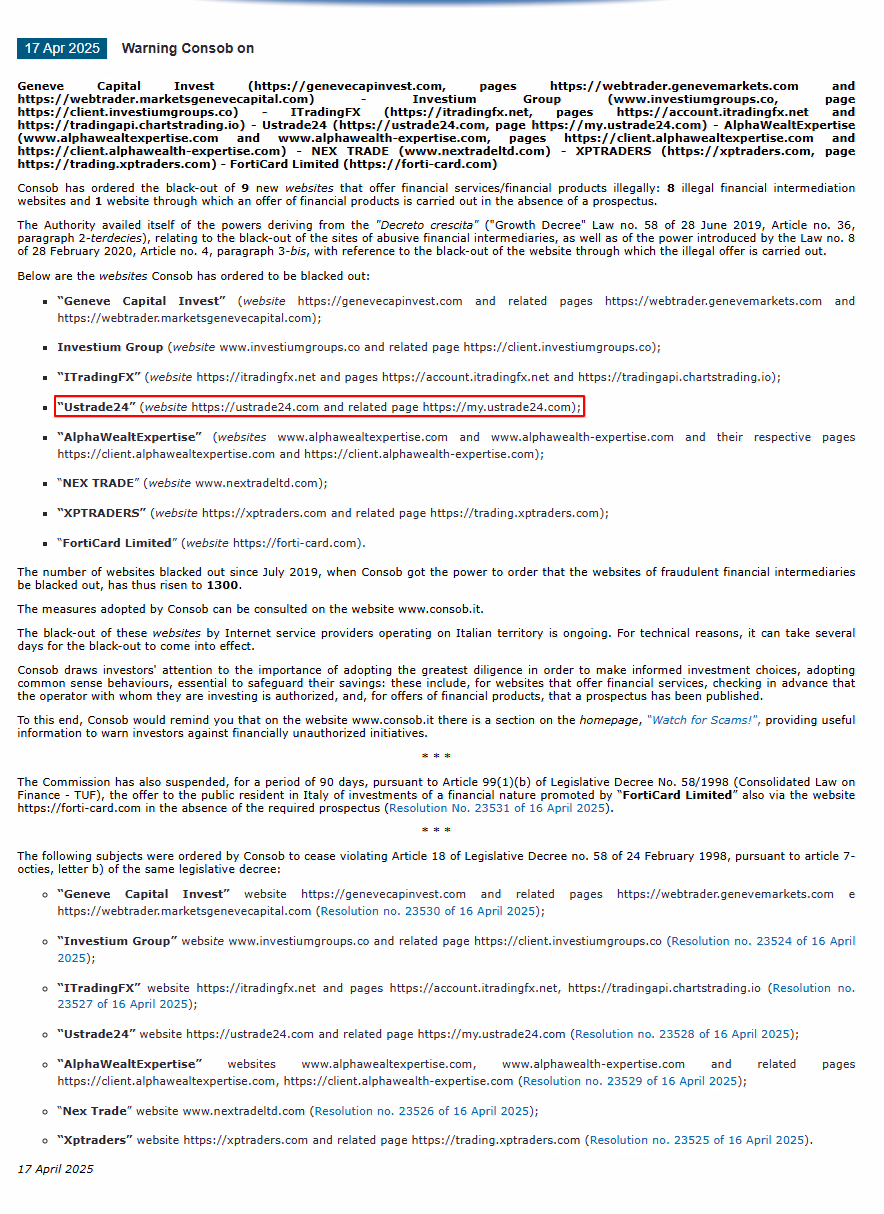 Ustrade24-CONSOB-Warning - Report Scams Community Ustrade24-CONSOB-Warning