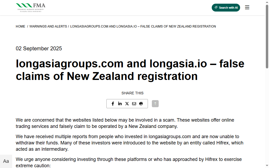 FMA Warnings - Long Asia Group