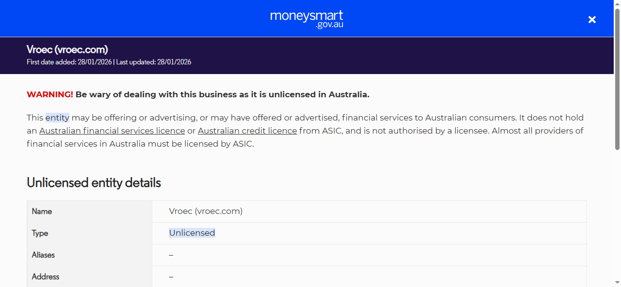 ASIC warning - Vroec (vroec.com)