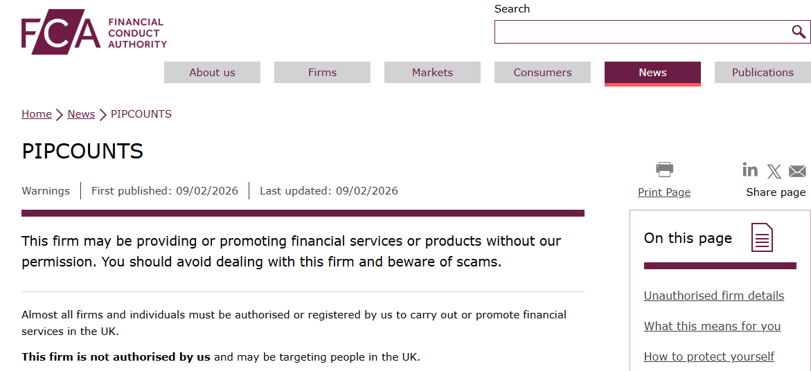 PIPCOUNTS FCA warning