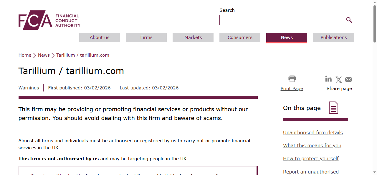 Tarillium FCA Warning